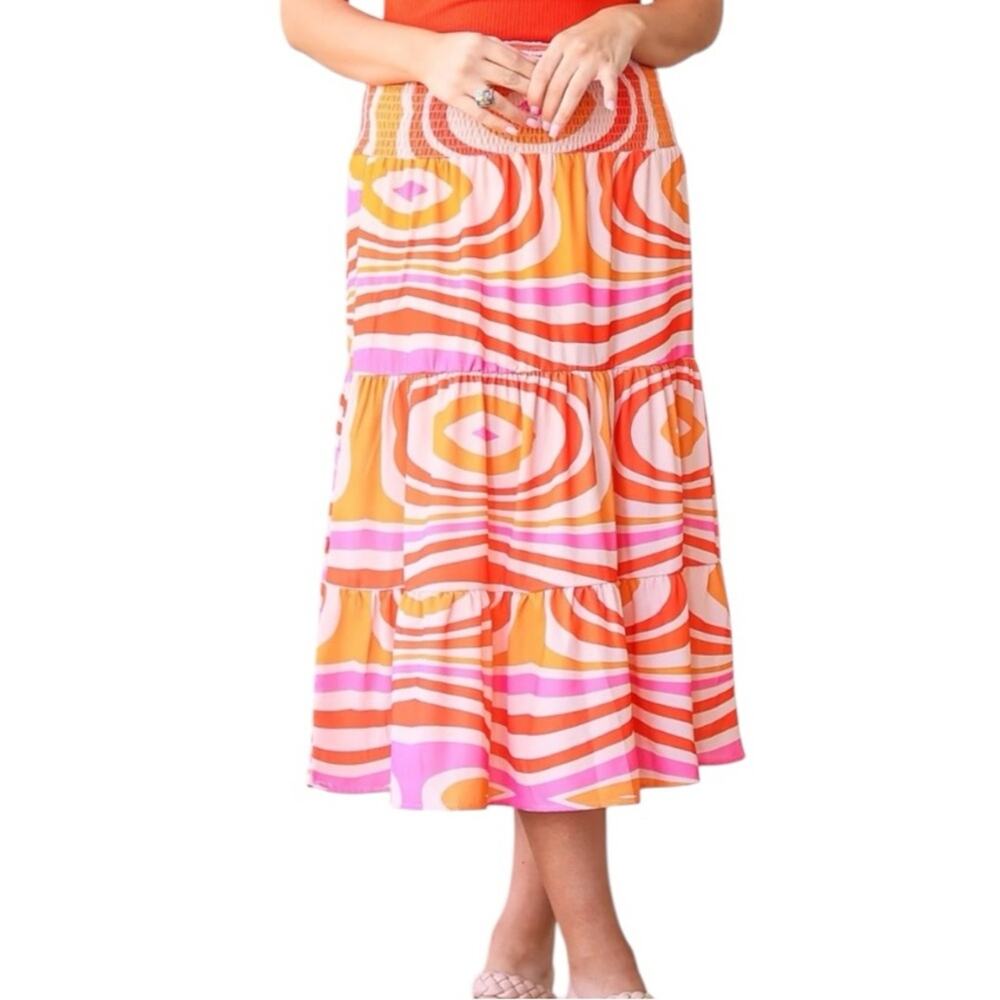 NWT Grace & Emma The Marilyn Midi Skirt in Orange Pink Smocked Women’s Size S/M